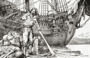 Robinson Crusoe rowing to safety on a raft after being shipwrecked. From Adventures of Robinson Crusoe, published 1908. | Obraz na stenu