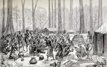 Scouts serving out milk and butter for broth to starving Pygmy natives, 1890 (wood engraving) | Obraz na stenu