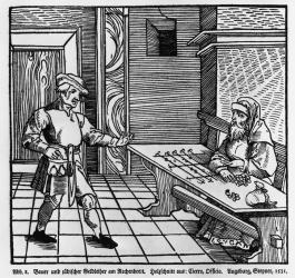 Money Lender, 1531 (woodcut) (b/w photo) | Obraz na stenu