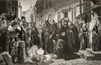Martin Luther (1483-1556) burning the Papal Bull in 1520 (engraving) | Obraz na stenu