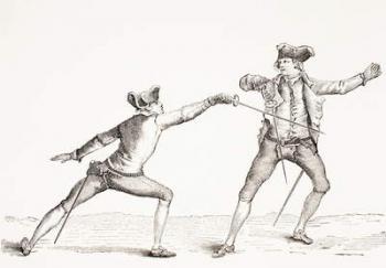 A swordsman parries a thrust from his opponent, from 'XVIII Siecle Institutions, Usages et Costumes', published 1875 (litho) | Obraz na stenu