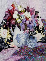 Sweet peas in a blue and white jug with blue and white pot and textiles (w/c on hand-made paper) | Obraz na stenu