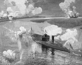 The monitor 'Montauk' destroying the Confederate privateer 'Nashville' near Fort McAllister, Ogeechee River, Georgia, 28th February 1863, engraved by John William Evans (b.1855) illustration from 'Battles and Leaders of the Civil War', edited by Robert Un | Obraz na stenu