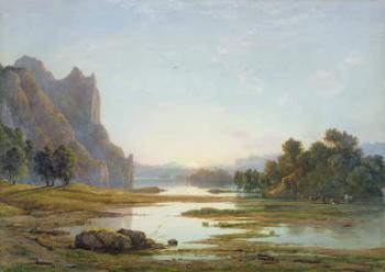 Sunset over a River Landscape, c.1840 (w/c with bodycolour over graphite on paper) | Obraz na stenu