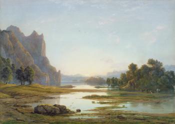 Sunset over a River Landscape, c.1840 (w/c with bodycolour over graphite on paper) | Obraz na stenu