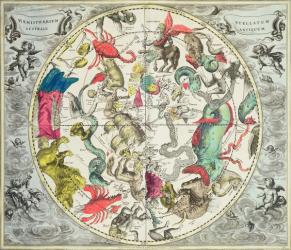 Map of the Southern Hemisphere, from 'The Celestial Atlas, or The Harmony of the Universe' (Atlas coelestis seu harmonia macrocosmica) pub. by Joannes Janssonius, Amsterdam, 1660-61 (hand coloured engraving) | Obraz na stenu