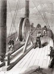 Unwinding the Dover to Calais submarine cable aboard the Blazer, 25 December 1851, from Les Merveilles de la Science, published c.1870 (engraving) | Obraz na stenu
