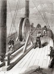 Unwinding the Dover to Calais submarine cable aboard the Blazer, 25 December 1851, from Les Merveilles de la Science, published c.1870 (engraving) | Obraz na stenu