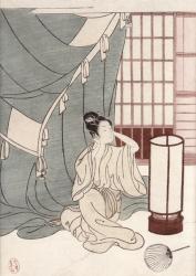 Young woman kneeling by her mosquito net, 1766 (colour woodblock print) | Obraz na stenu