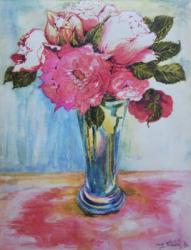 Pink Roses in a Blue Glass, 2000,(watercolour) | Obraz na stenu