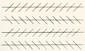 The Zöllner illusion. Parallel lines crossed by another short row of lines inclined at an angle will appear to slant in the direction in which the lines are falling. Tilting the lower edge of the page upwards will enhance the illusion. From The Strand Mag | Obraz na stenu