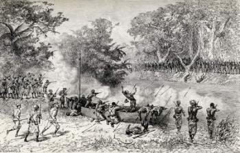 Sir Henry Morton Stanley's Emin Pasha Relief Expedition being attacked by Avisibba cannibals using poisoned arrows, 1890 (wood engraving) | Obraz na stenu