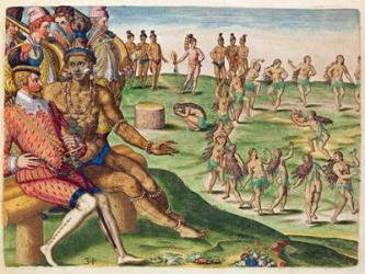 The Sacrifice of the First-Born Son, from 'Brevis Narratio..', engraved by Theodore de Bry (1528-98) published in Frankfurt, 1591 (coloured engraving) | Obraz na stenu