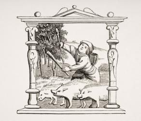 Swineherd with his herd of pigs, reproduction after a calendar in a book of hours, from 'Le Moyen Age et La Renaissance' by Paul Lacroix (1806-84) published 1847 (litho) | Obraz na stenu