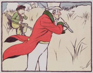 Angry golfer driving his ball into the scrub while his caddy tries to stop himself from laughing, 1901 (colour litho) | Obraz na stenu