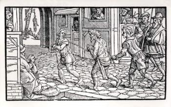 A beggar is tied and whipped through the streets, c.1567 (woodcut) (b/w photo) | Obraz na stenu