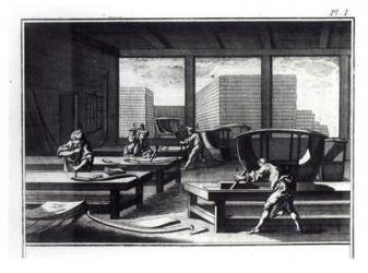 Joiner's workshop, making coaches and sedan chairs, from 'Encyclopedia' by Denis Diderot (1713-84), 1762 edition (engraving) (b/w photo) | Obraz na stenu