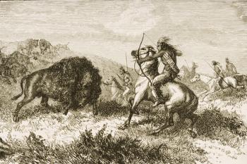 Buffalo Hunting on the Great Plains between St. Louis and Denver, c.1870, from 'American Pictures', published by The Religious Tract Society, 1876 (engraving) | Obraz na stenu
