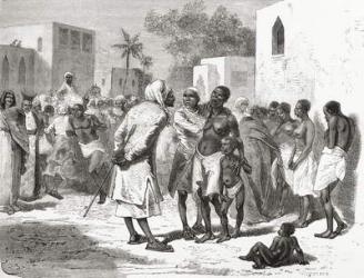 The slave market in Zanzibar, Tanzania, East Africa, illustration from 'The World in the Hands', engraved by Henri Theophile Hildibrand (1824-97), published 1878 (engraving) | Obraz na stenu