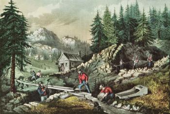 Goldmining in California, 1871 (colour litho) | Obraz na stenu