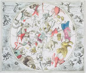 Celestial Planisphere Showing the Signs of the Zodiac, from 'The Celestial Atlas, or The Harmony of the Universe' (atlas coelestis seu harmonia macrocosmica) pub. by Joannes Janssonius, Amsterdam, 1660-61 (hand coloured engraving) | Obraz na stenu