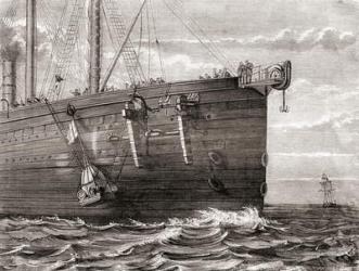 The S.S. Great Eastern launching a buoy into the sea to mark the spot of a lost transatlantic telegraph cable, 1865, from Les Merveilles de la Science, published c.1870 (engraving) | Obraz na stenu