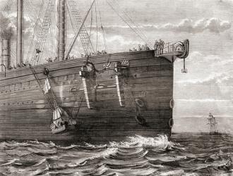 The S.S. Great Eastern launching a buoy into the sea to mark the spot of a lost transatlantic telegraph cable, 1865, from Les Merveilles de la Science, published c.1870 (engraving) | Obraz na stenu