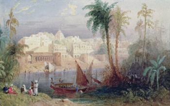 A View of an Indian city beside a river, with boats on the river and figures in the foreground | Obraz na stenu