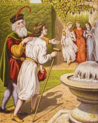 Carnal Security introduces his wife and daughters to Tender Conscience, illustration from 'The Pilgrim's Progress' by John Bunyan (1628-88) (colour litho) | Obraz na stenu