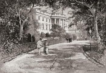 South portico of the White House from near the Greenhouse, Treasury Building in the distance, Washington D.C., in the 19th century, from 'The Century Illustrated Monthly Magazine', published 1884 (engraving) | Obraz na stenu