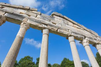 Apollonia, or Apoloni, Fier Region, Albania. Ancient Greek city founded in the 6th century BC which became one of Rome's most important Albanian cities. Detail of reconstructed section of the Monument to the Agonothetes, (superintendent of sacred games) a | Obraz na stenu