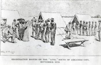 Registration Booths on the 'Line', South of Arkansas City, September 15th 1893 (engraving) (b/w photo) | Obraz na stenu