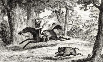Cardinal Balue chasing a Boar, illustration from 'Quentin Durward' by Sir Walter Scott (1771-1832) published 1845 (litho) | Obraz na stenu