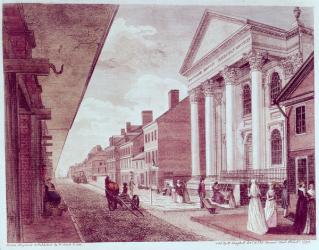 High street with the first Presbyterian Church, Philadelphia, 1799 (colour litho) | Obraz na stenu