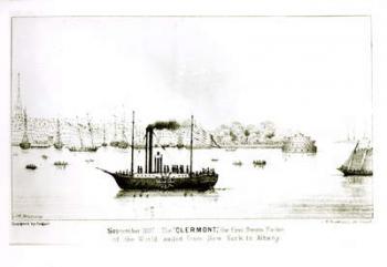 The 'Clermont', the first Steam Packet, sailing from New York to Albany in September 1807, engraved by L.N. Rosenthal (lithograph) (b&w photo) | Obraz na stenu