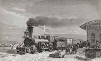 The railway station at Omaha, Nebraska, starting point of the Pacific Railroad, as it was in 1867, illustration from 'The World in the Hands', engraved by Charles Laplante (d.1903), published 1878 (engraving) | Obraz na stenu