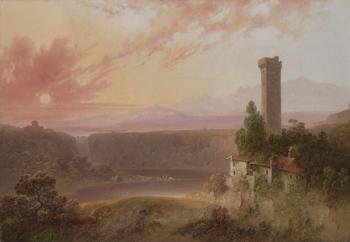 View of Lake Nemi at Sunset, c.1840-50 (oil on canvas) | Obraz na stenu