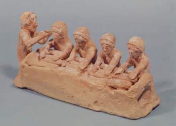 Bakers kneading dough to the sound of a flute, found at Thebes, Boeotia, 6th century BC (terracotta) (see also 155945) | Obraz na stenu