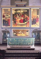 Altar with a Triptych depicting: left panel, Philipp Melanchthon (1497-1560) performing a baptism assisted by Martin Luther (1483-1546); centre panel, the Last Supper with Luther amongst the Apostles; right panel, Luther makes his confession; Luther's ser | Obraz na stenu