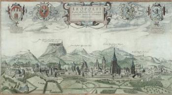 View of Leopolis, from 'Civitates Orbis Terrarum' by Georg Braun (1541-1622) and Frans Hogenberg (1535-90) (coloured engraving) | Obraz na stenu