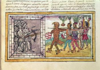 Codex Duran: Pedro de Alvarado (c.1485-1541) companion-at-arms of Hernando Cortes (1485-1547) besieged by Aztec warriors (vellum) | Obraz na stenu