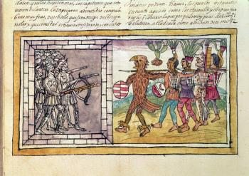 Codex Duran: Pedro de Alvarado (c.1485-1541) companion-at-arms of Hernando Cortes (1485-1547) besieged by Aztec warriors (vellum) | Obraz na stenu