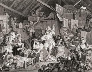 Strolling Players rehearsing in a Barn, engraved by G Presbury, from The Works of Hogarth published London 1833 (b/w engraving) | Obraz na stenu