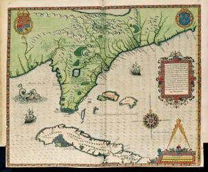 Map of Florida, from 'Brevis Narratio..', engraved by Theodore de Bry (1528-98) published in Frankfurt, 1591 (coloured engraving) | Obraz na stenu