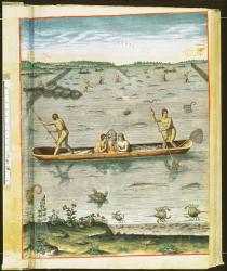 How the Indians Catch their Fish, from 'Admiranda Narratio...', engraved by Theodore de Bry (1528-98) 1590 (coloured engraving) (see also 110123 & 111664) | Obraz na stenu