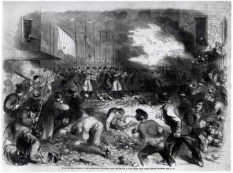 The Sixth Regiment of the Massachusetts Volunteers Firing into the Mob on Pratt Street, While Passing through Baltimore en Route for Washington, April 19th 1861, from 'Frank Leslie's Illustrated Newspaper', 1861 (engraving) (b&w photo) | Obraz na stenu