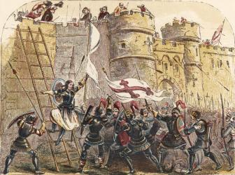 Joan of Arc leads French army against the English defenders of Les Tourelles gate, during the siege of Orleans May 7th, 1429 (chromolitho) | Obraz na stenu
