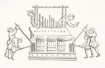 12th century bellows organ with two keyboards, from 'Les Arts au Moyen Age', published 1873 (litho) | Obraz na stenu