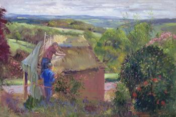 Thatching the Summer House, Lanhydrock House, Cornwall, 1993 (oil on canvas) | Obraz na stenu