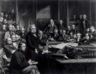 The House of Commons in 1860: Lord Palmerston Addressing the House during the Debate on the Treaty with France, engraved by Falkner, 1863 (litho) (b&w photo) (see also 42219 and 107821) | Obraz na stenu
